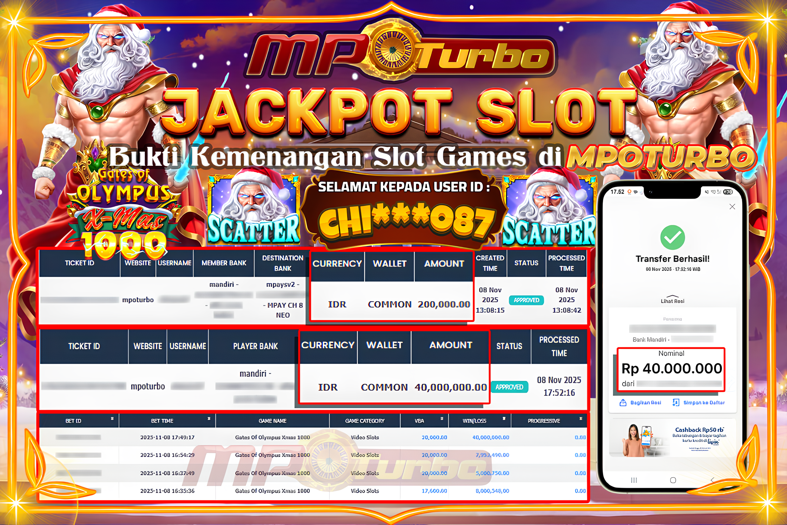 MPOTURBO JACKPOT GATES OF OLYMPUS XMAS 1000 - PRAGMATIC PLAY Rp 40,000,000.00,- LUNAS